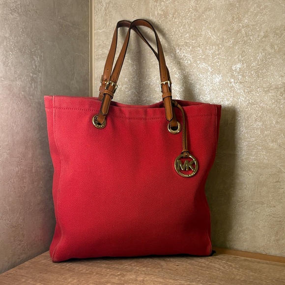Michael Kors Handbags - Michael Kors Bright Red Canvas Tote with Tan Leather Straps
